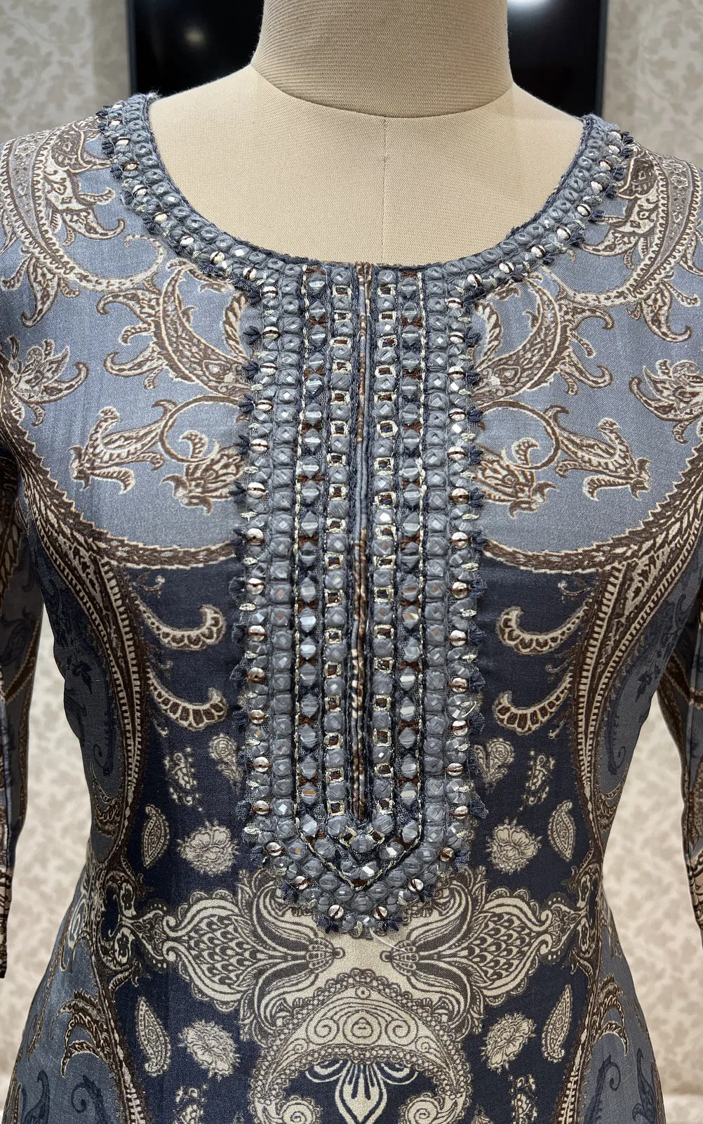 Grey Mirror and Thread work with Digital Print Calf Length Kurti