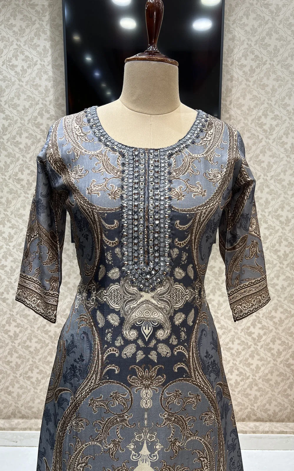 Grey Mirror and Thread work with Digital Print Calf Length Kurti