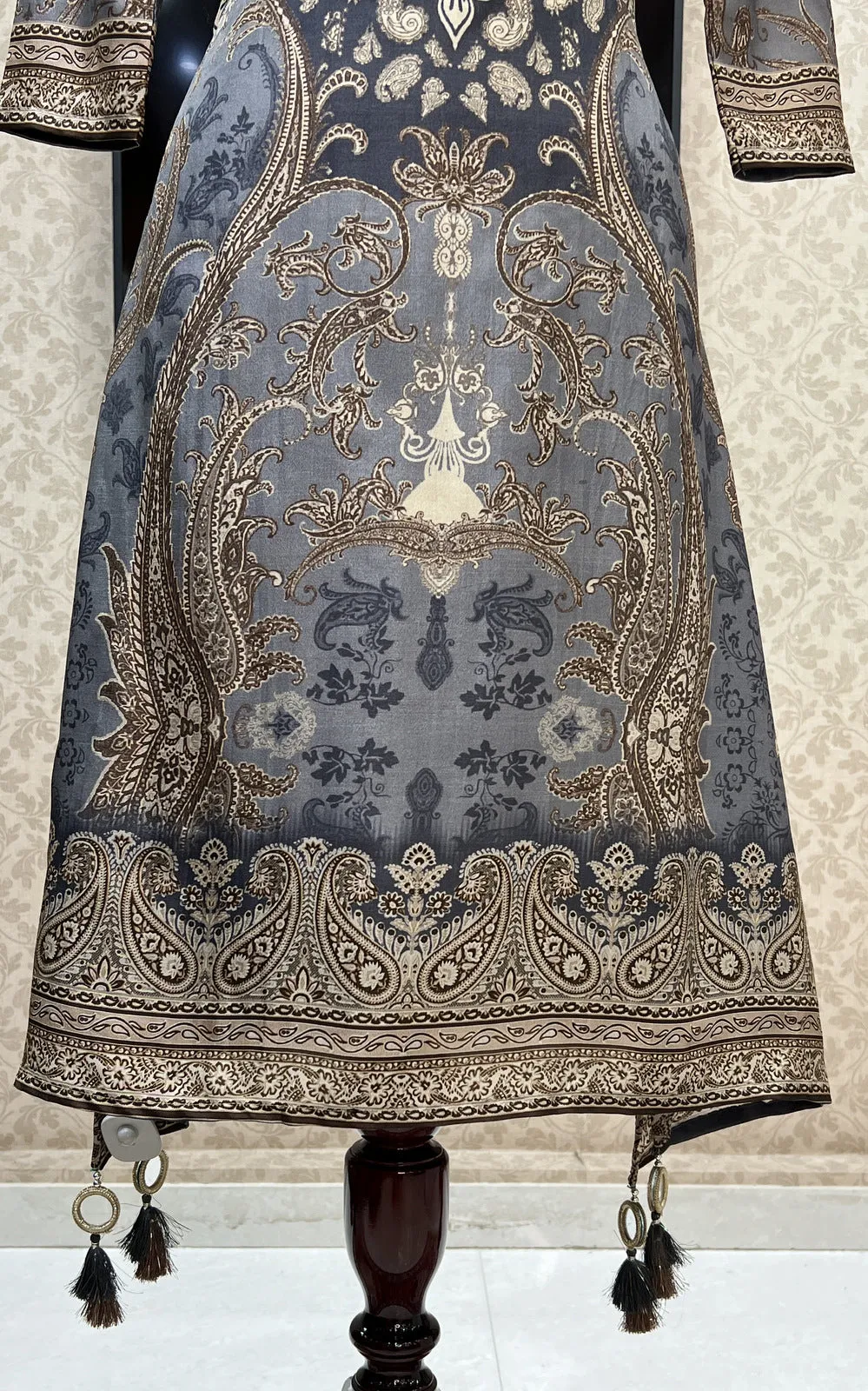 Grey Mirror and Thread work with Digital Print Calf Length Kurti