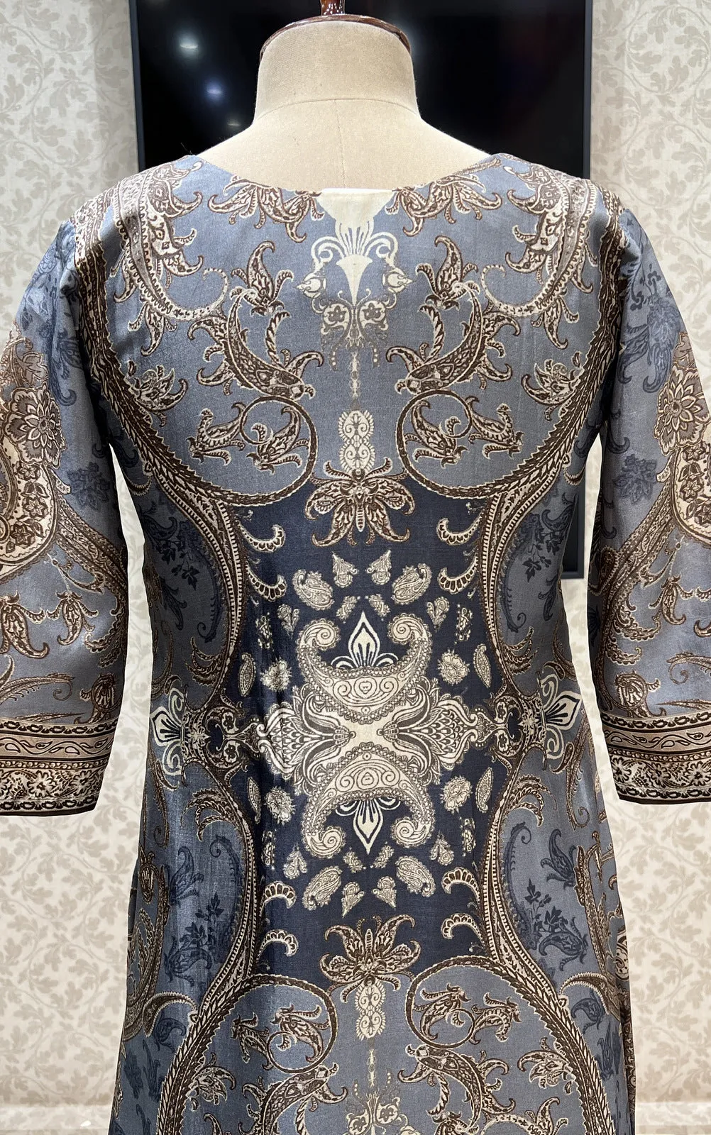 Grey Mirror and Thread work with Digital Print Calf Length Kurti