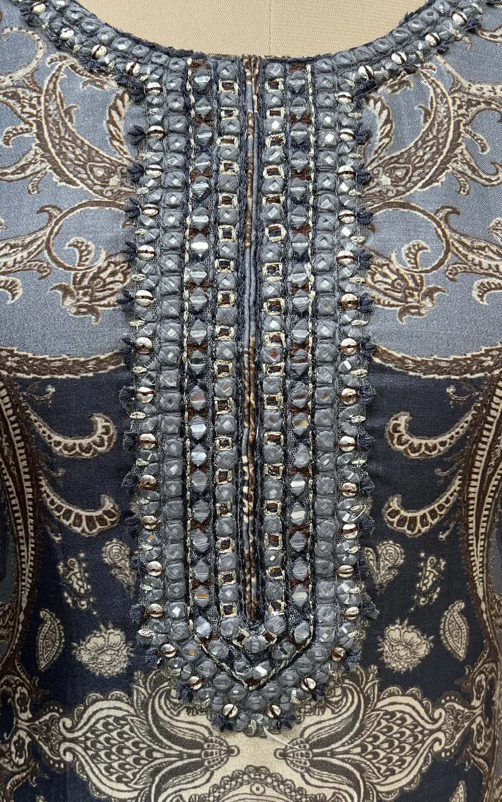 Grey Mirror and Thread work with Digital Print Calf Length Kurti