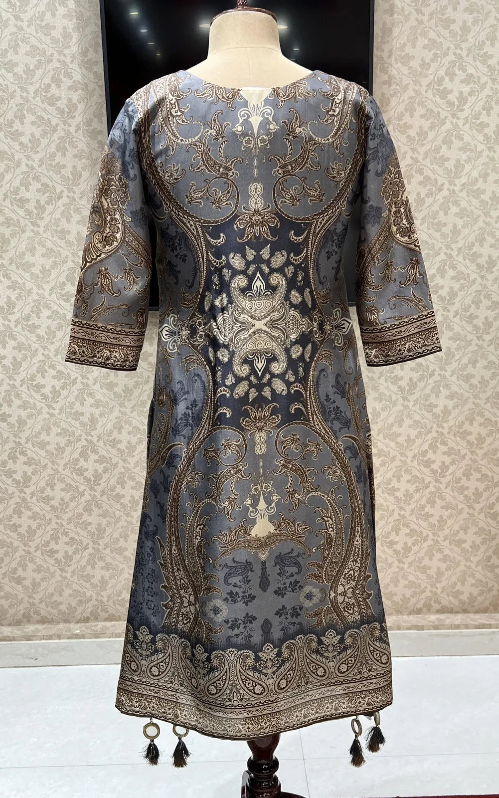 Grey Mirror and Thread work with Digital Print Calf Length Kurti