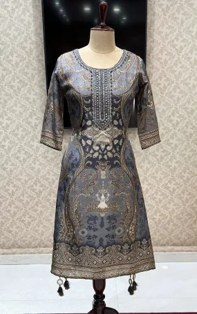 Grey Mirror and Thread work with Digital Print Calf Length Kurti