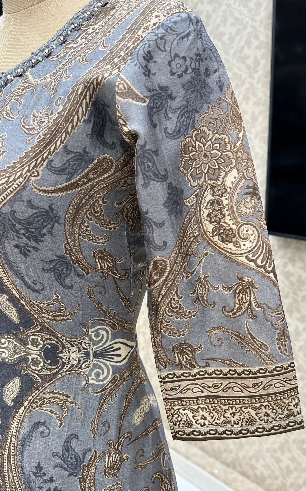 Grey Mirror and Thread work with Digital Print Calf Length Kurti