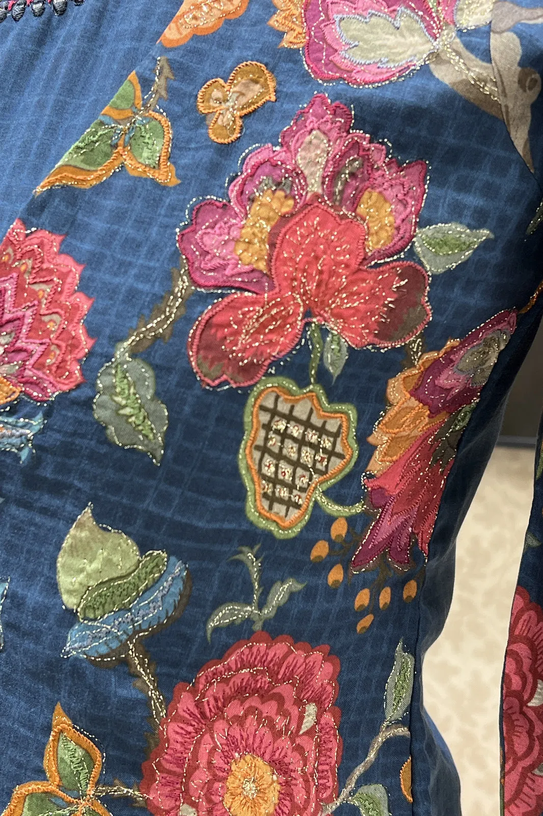 Indigo Blue Zari and Thread work with Floral Print Jacket Styled Long Kurti