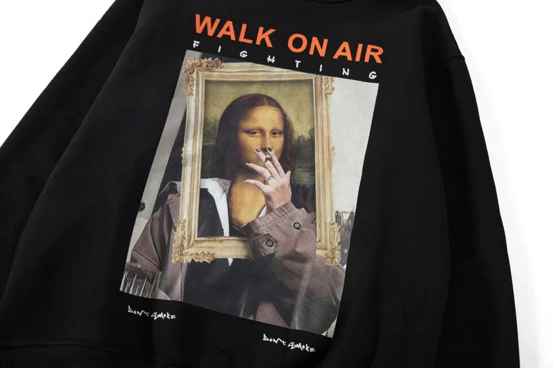 Mona Lisa Smoking Print Fleece Hoodie