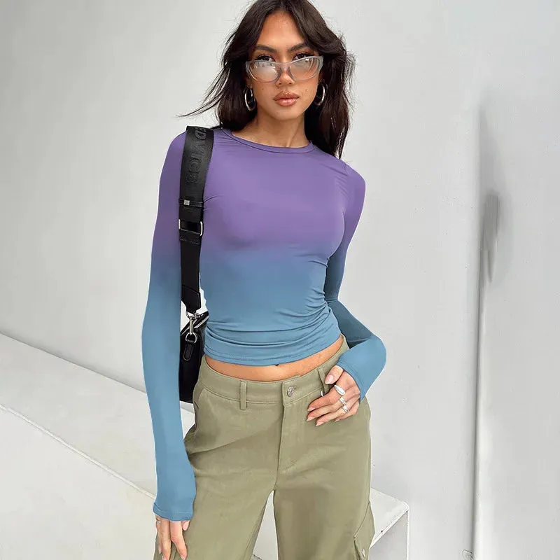 Spring Tie Dye Tight Long Sleeve Round Neck Women's T-shirt