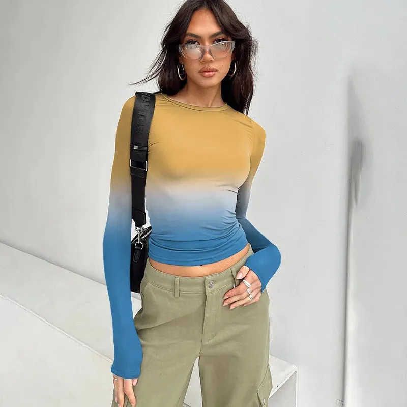 Spring Tie Dye Tight Long Sleeve Round Neck Women's T-shirt
