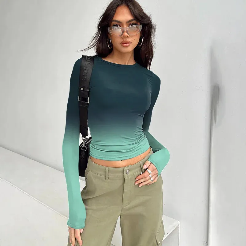 Spring Tie Dye Tight Long Sleeve Round Neck Women's T-shirt