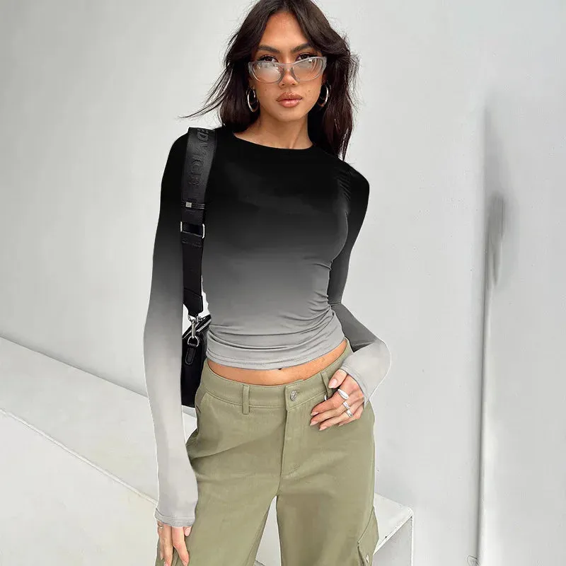 Spring Tie Dye Tight Long Sleeve Round Neck Women's T-shirt
