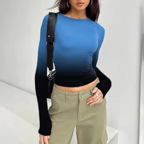 Spring Tie Dye Tight Long Sleeve Round Neck Women's T-shirt