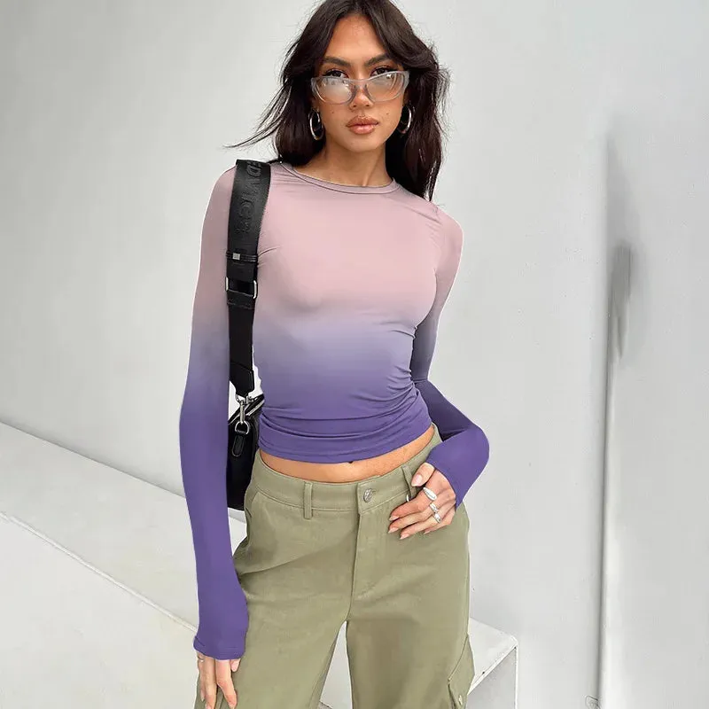 Spring Tie Dye Tight Long Sleeve Round Neck Women's T-shirt