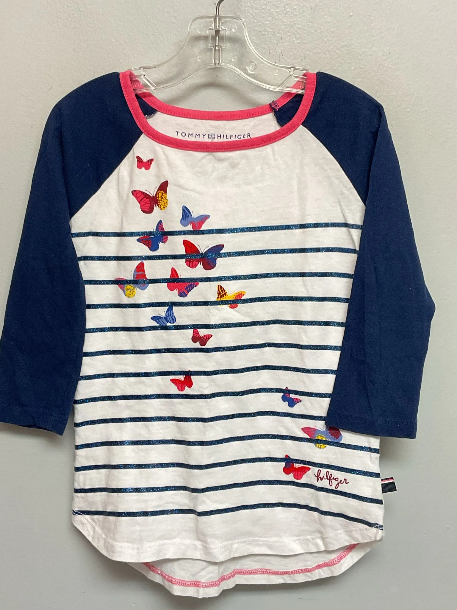 Tommy Hilfiger Size 7 Navy & Pink Butterflies Cotton Girls Tees/Polos/Tunics