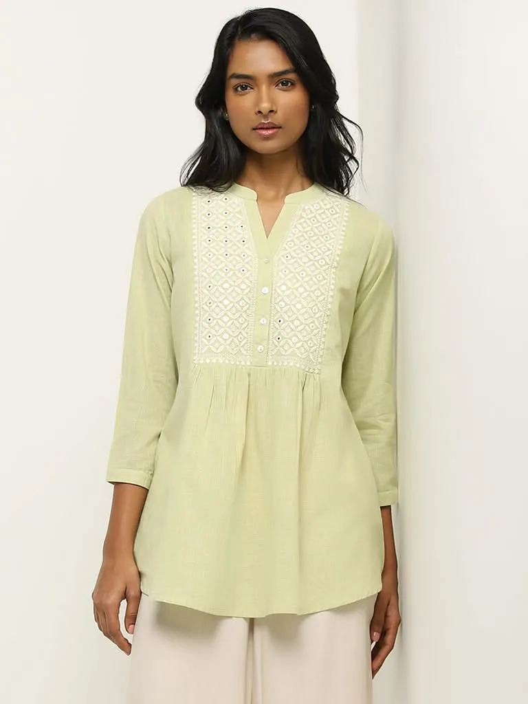 Utsa Green Mirror Embroidered Cotton Tunic